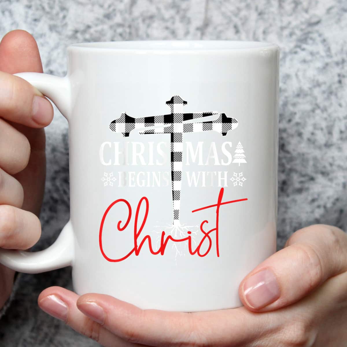 Christmas Begins With Christ Plaid White Tree Xmas Christian T-Shirt Christmas Begins With Christ Plaid White Tree Xmas Christian T-Shirt