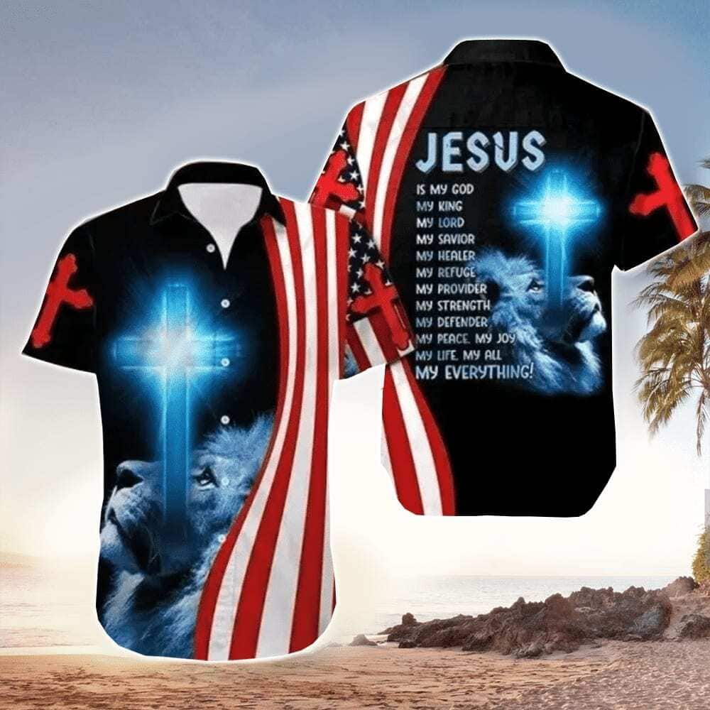 Jesus Is My Everything Jesus With Lion And Christian Cross Christian US Flag Hawaiian Shirt