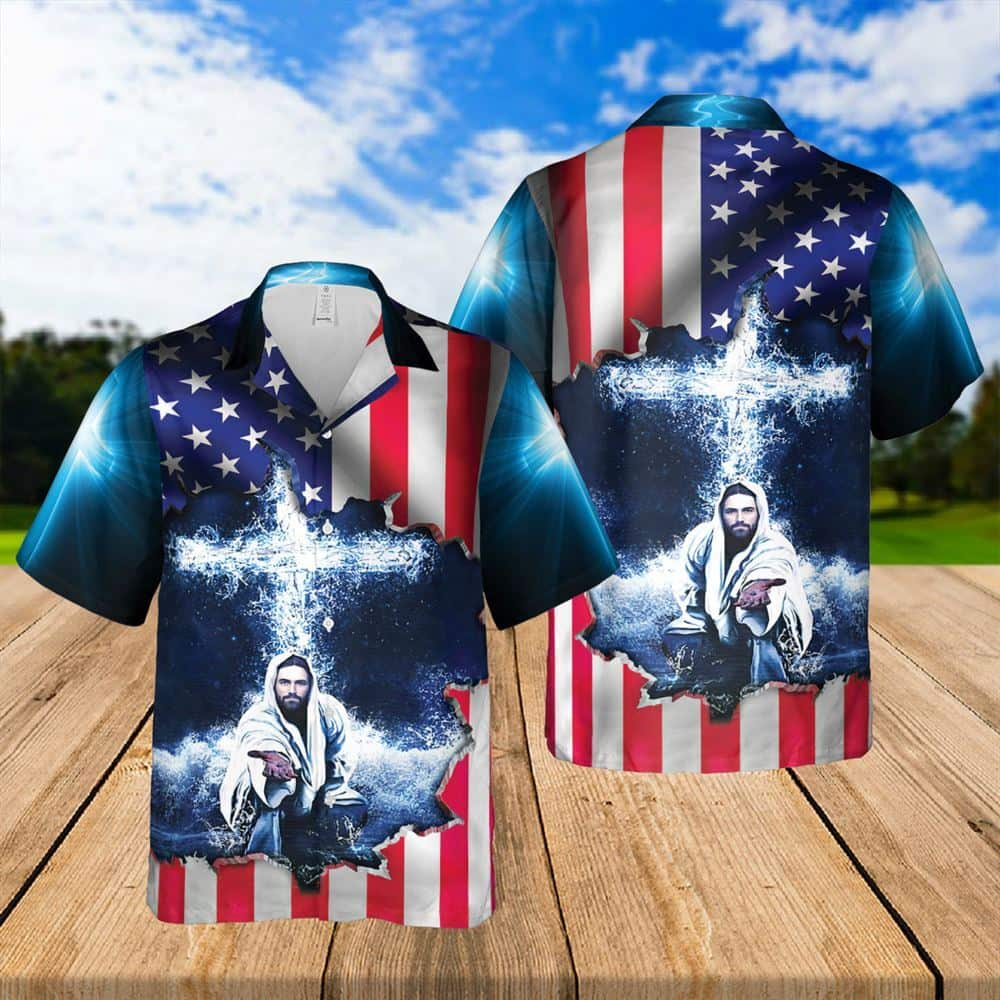 Jeusus Take My Hand American Flag Cross Religious Christian Hawaiian Shirt