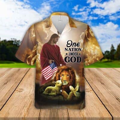 Jesus Lion Lamb One Nation Under God Religious Christian Independence Day Hawaiian Shirt