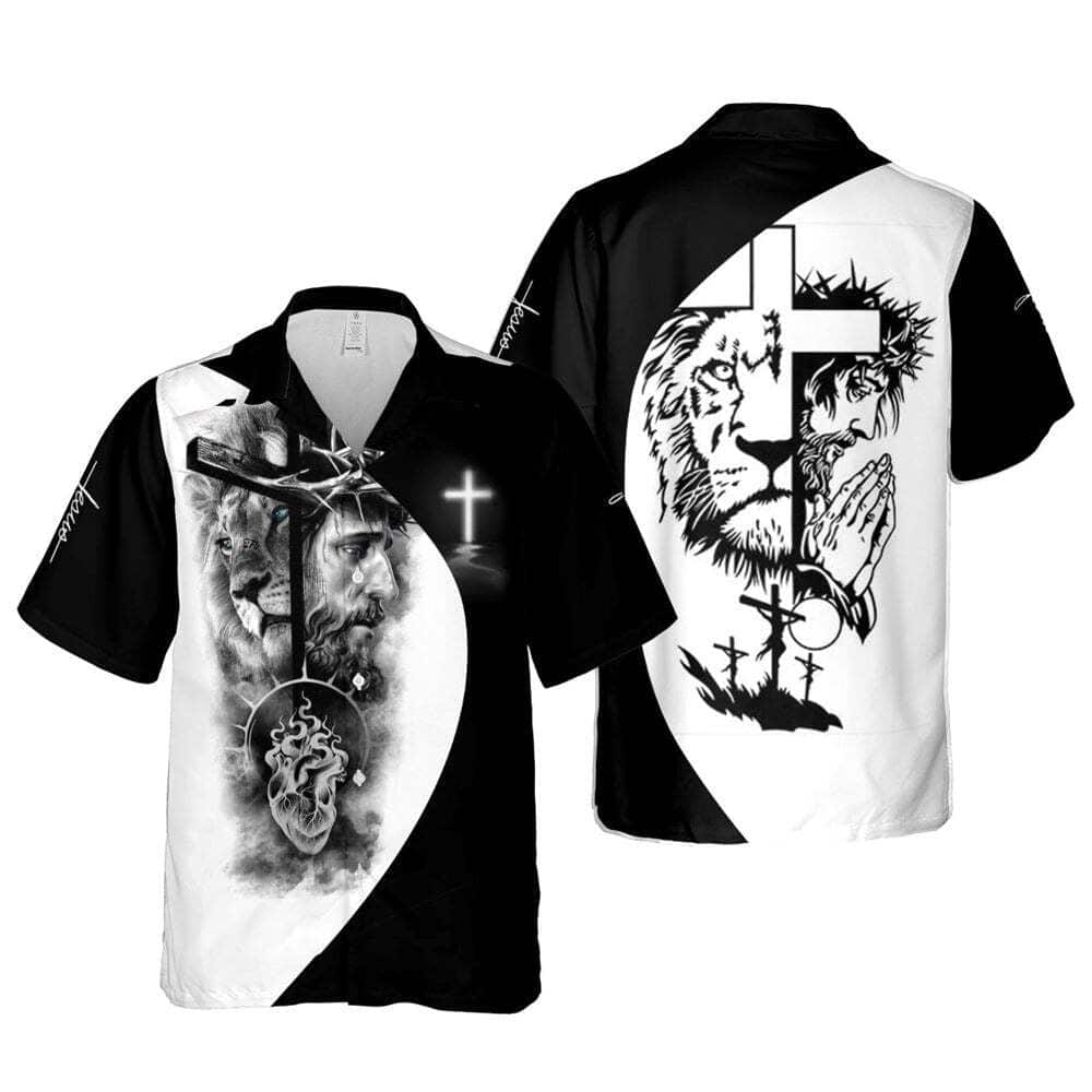 Jesus Cross Lion Religious Christian Faith Black And White Hawaiian Shirt Jesus Cross Lion Religious Christian Faith Black And White Hawaiian Shirt