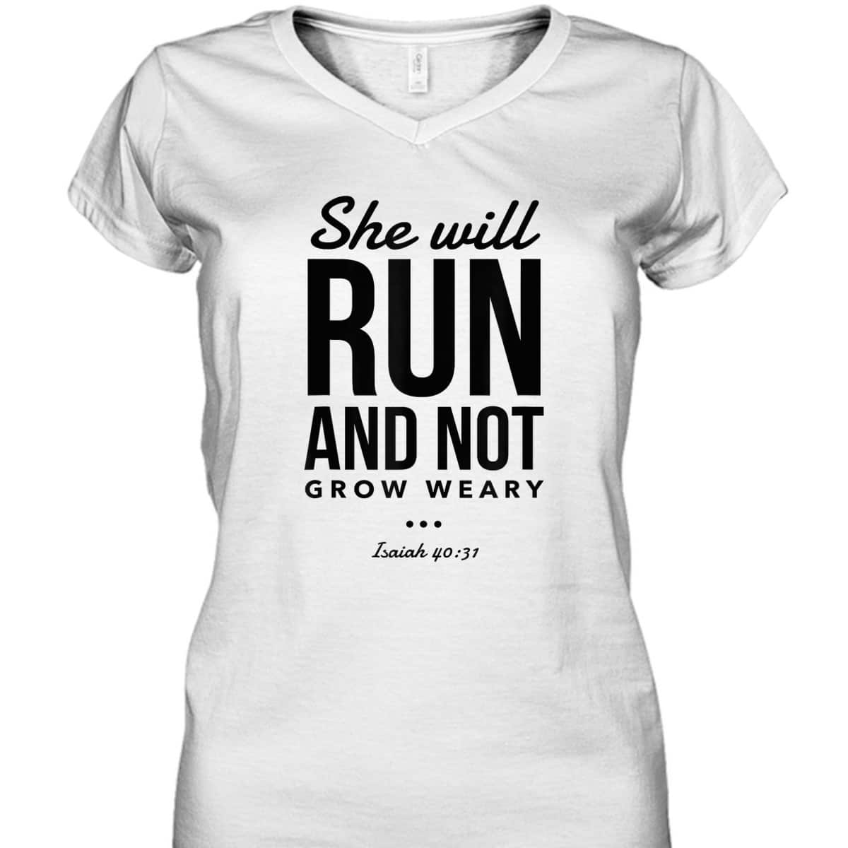 Christian Bible Verse Religious Runner She Will Run And Not Grow Weary T-Shirt