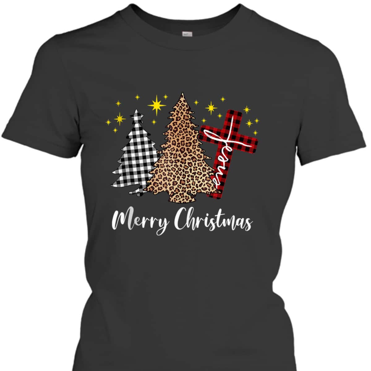 Merry Christmas Xmas Tree Cross Red Plaid Christian Leopard T-Shirt Merry Christmas Xmas Tree Cross Red Plaid Christian Leopard T-Shirt