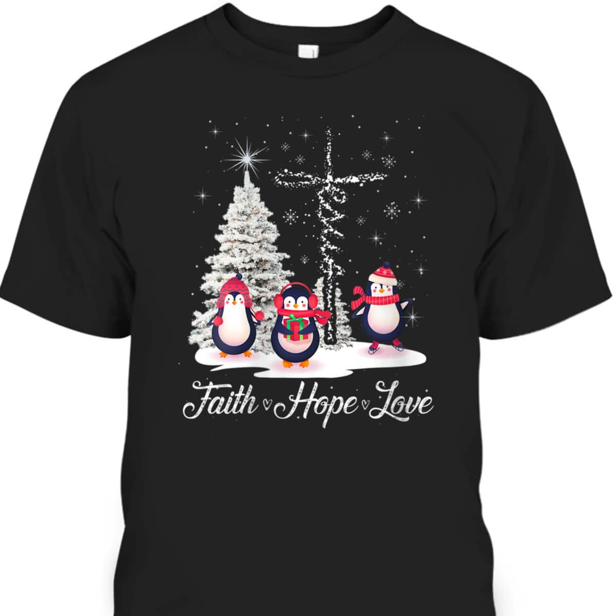 Womens Ph Merry Christmas Penguin Faith Hope Love Xmas Tree T-Shirt
