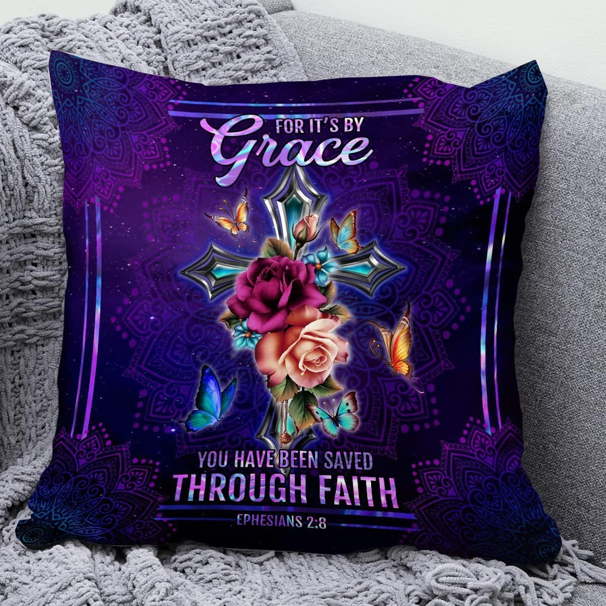 Bible Verse Scripture God You Have Been Saved Through Faith Stunning Floral Cross Pillow