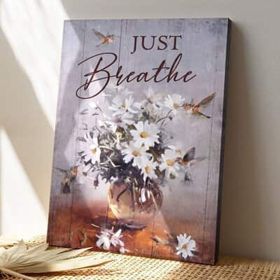 Christian Hummingbird And Daisy Just Breathe Bible Verse Canvas Print