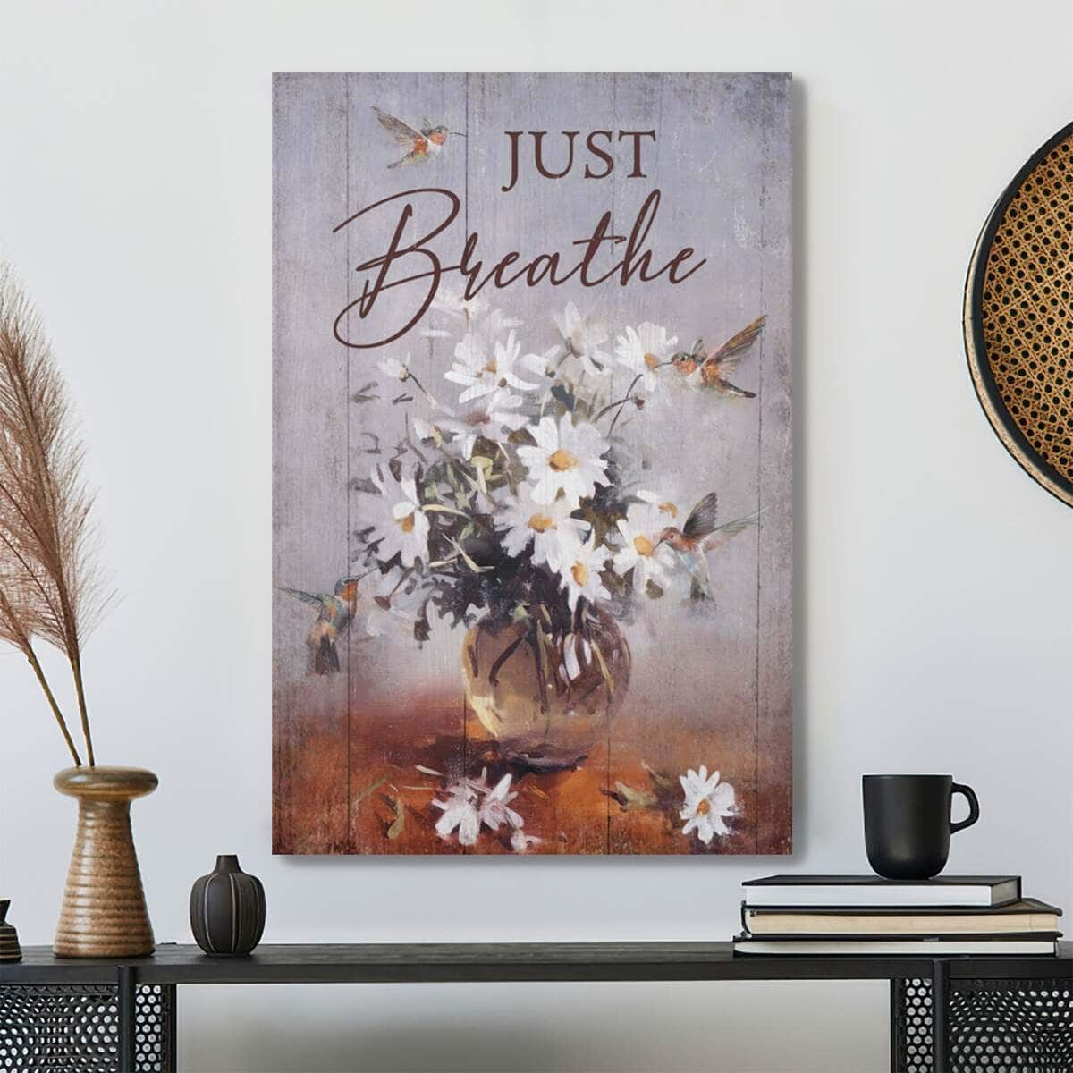 Christian Hummingbird And Daisy Just Breathe Bible Verse Canvas Print