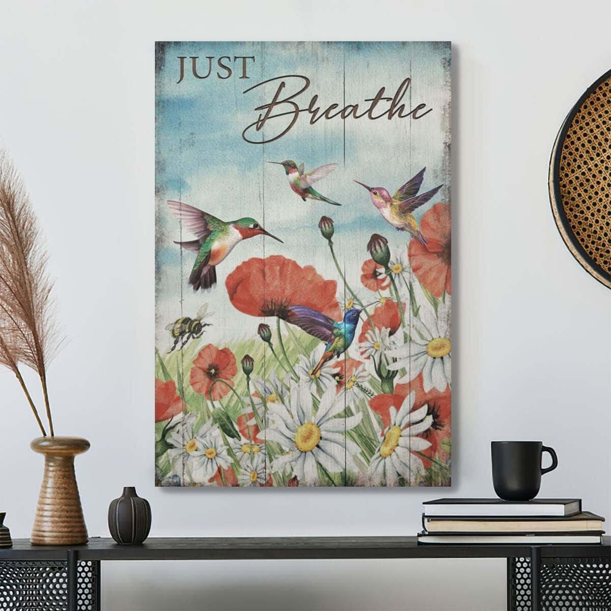 Christian Hummingbird And Flower Field Just Breathe Bible Verse Canvas Print