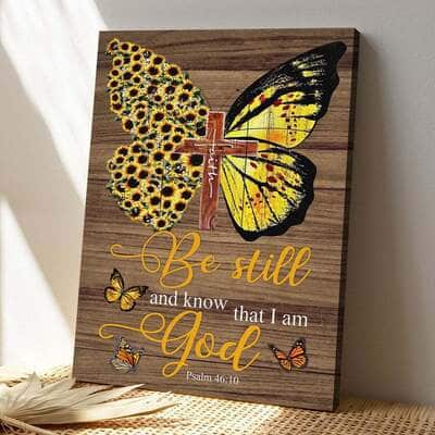 Bible Verse Faith Cross Sunflower Butterfly Be Still Psalm 4610 Scripture Canvas Print