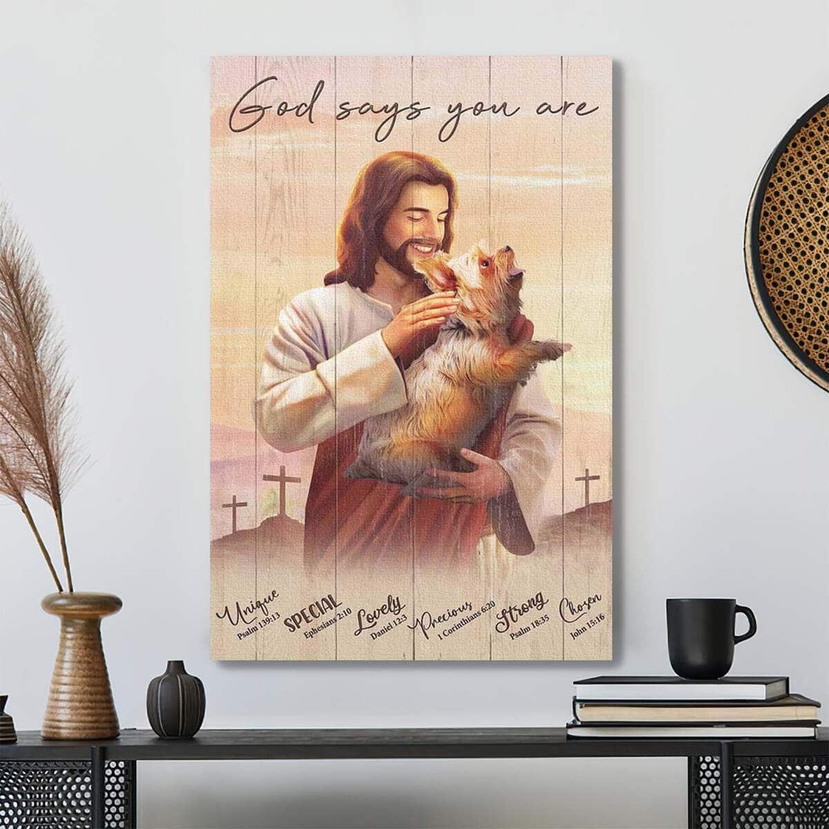 Jesus Hugging Yorkshire God Says You Are Bible Verse Canvas Print