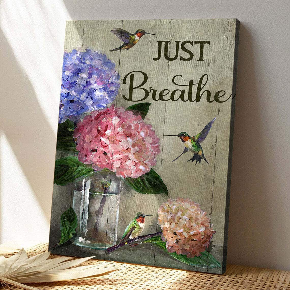 Hydrangea And Hummingbird Just Breathe Bible Verse Canvas Print