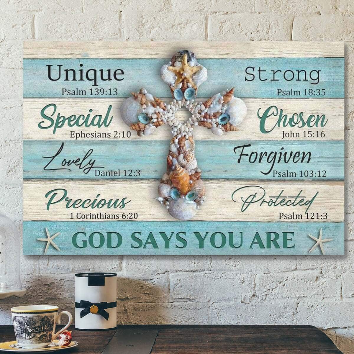 God Jesus God Says You Are Seashell Cross Christian Canvas Wall Art