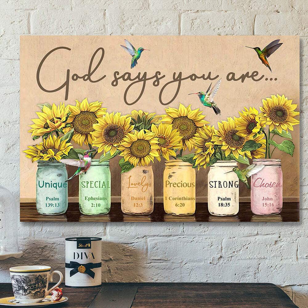 Christian Bible Verse Jesus God Says You Are Flower Bird Canvas Wall Art