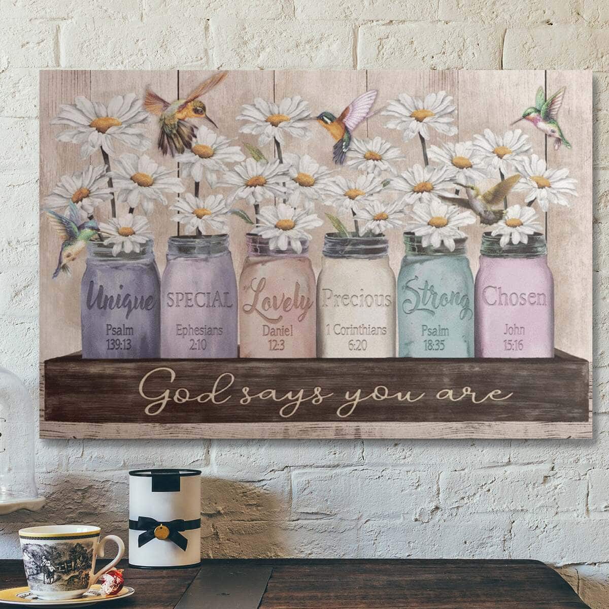 Bible Verse Daisy And Hummingbird God Says You Are Canvas Wall Art