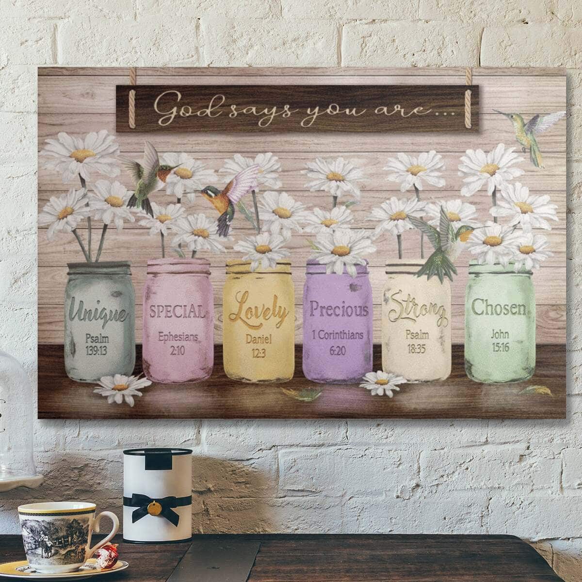 Bible Verse Daisy Jar Vase God Says You Are Canvas Wall Art
