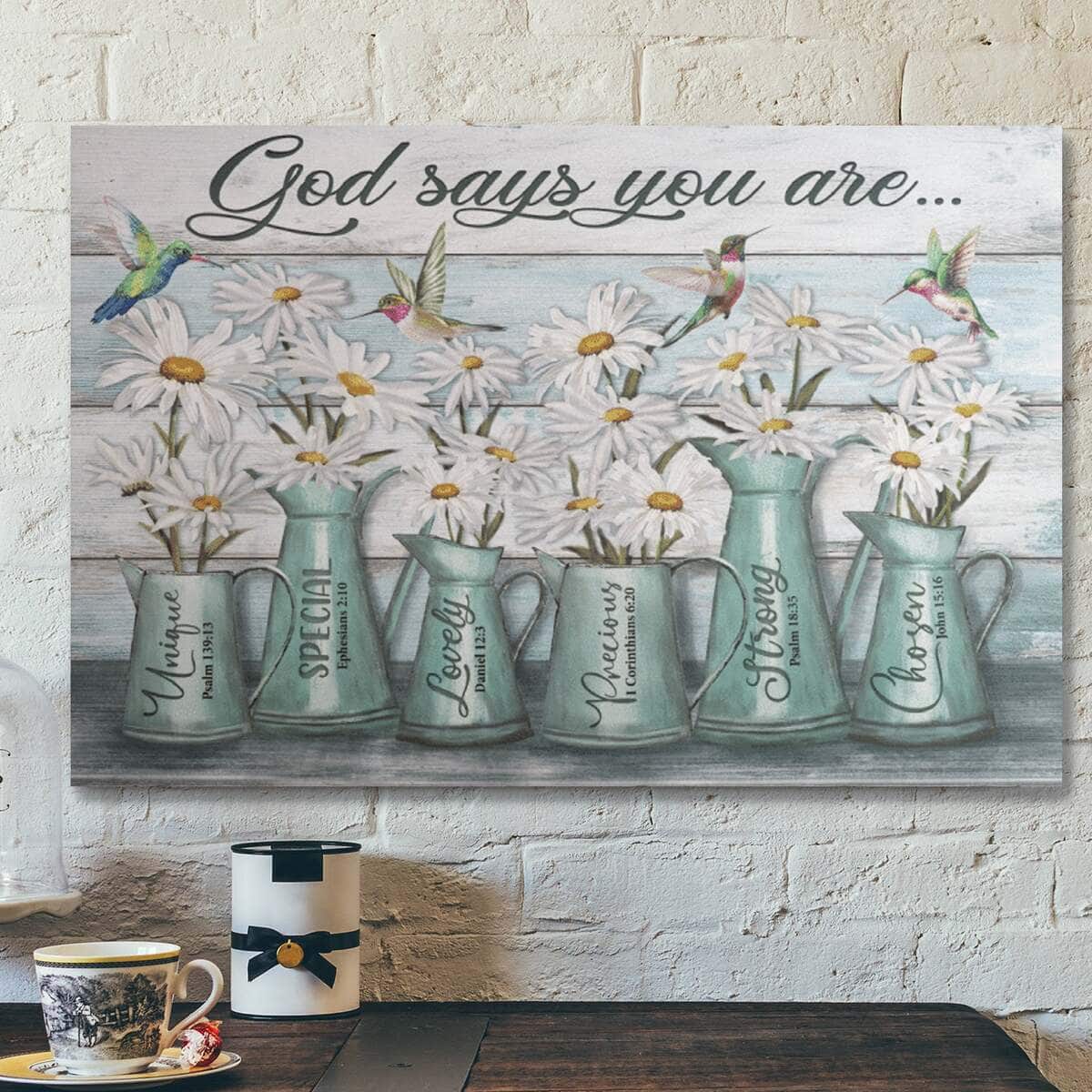 Bible Verse Daisy And Hummingbird God Says You Are Peaceful Canvas Wall Art