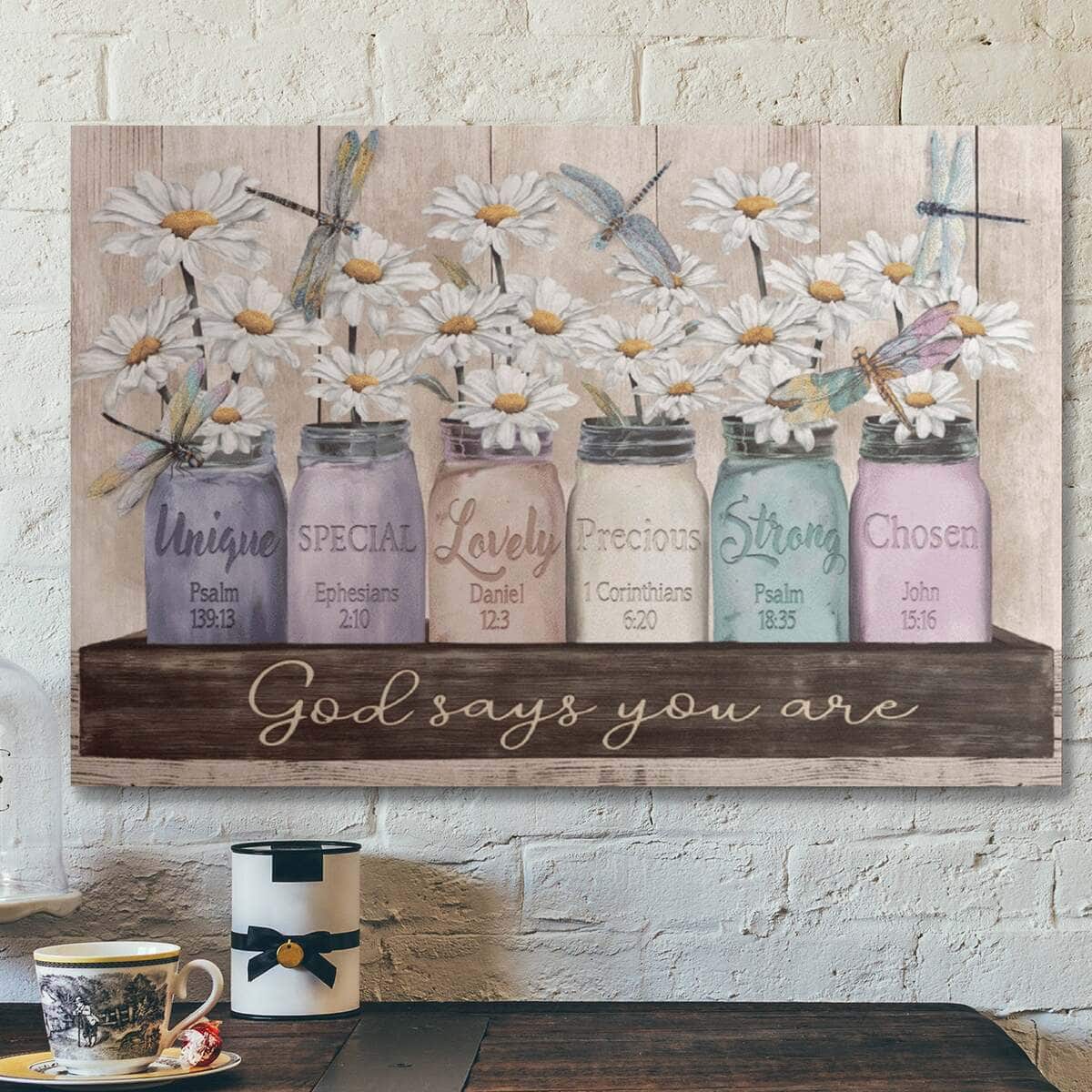 Bible Verse Daisy And Dragonfly God Says You Are Canvas Wall Art
