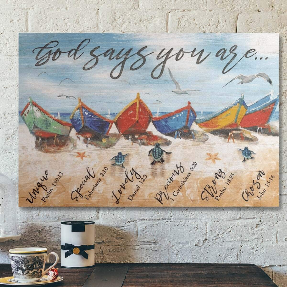 Bible Verse Colorful Boats God Says You Are Canvas Wall Art