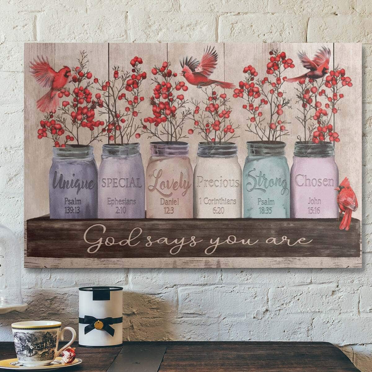 Bible Verse Cardinal And Winterberry God Says You Are Canvas Wall Art