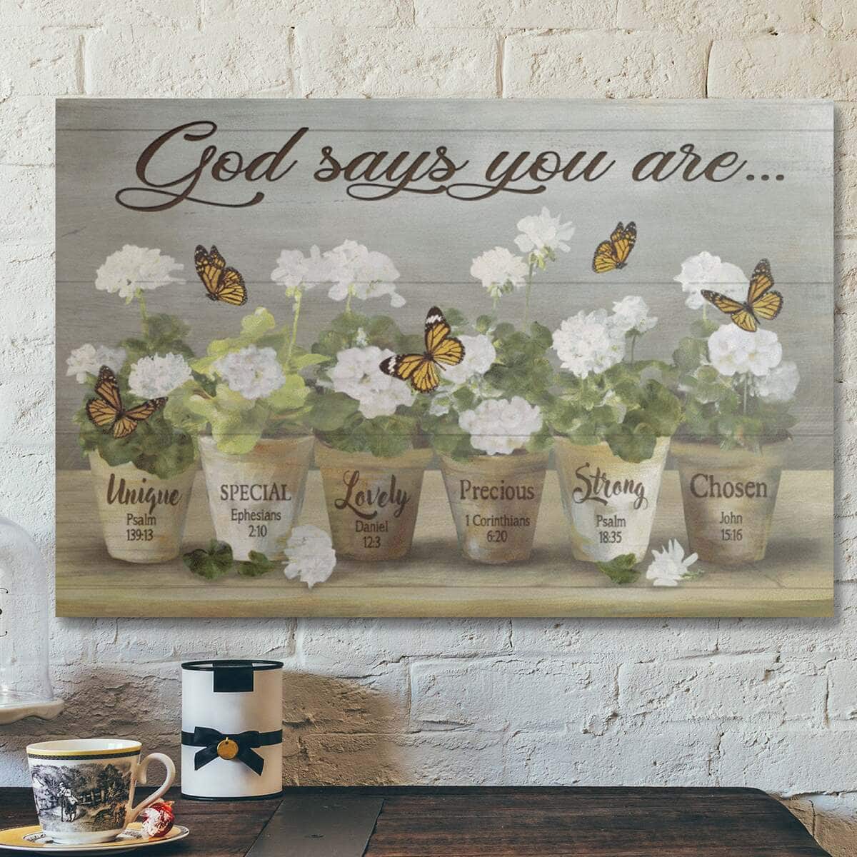 Bible Verse Beautiful Flower And Butterfly God Says You Are Canvas Wall Art