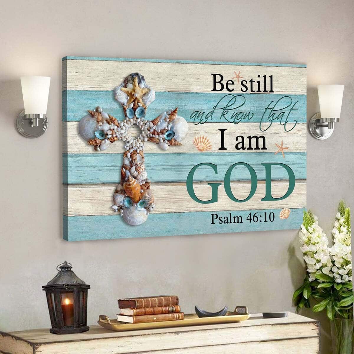 Bible Verse Seashell Cross Be Still And Know Psalm 4610 Scripture Canvas Wall Art
