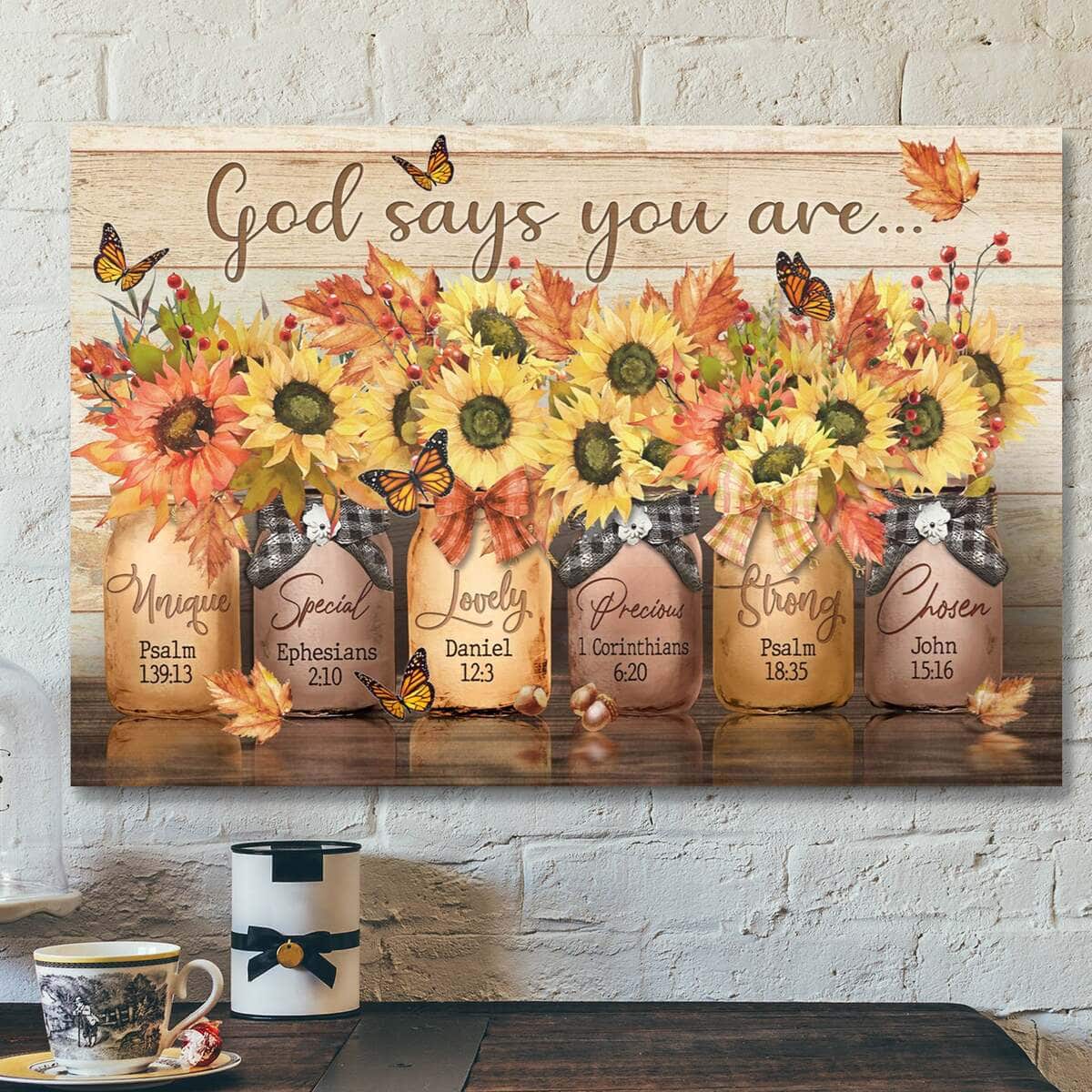 Bible Verse Autumn Sunflower God Says You Are Scripture Canvas Wall Art