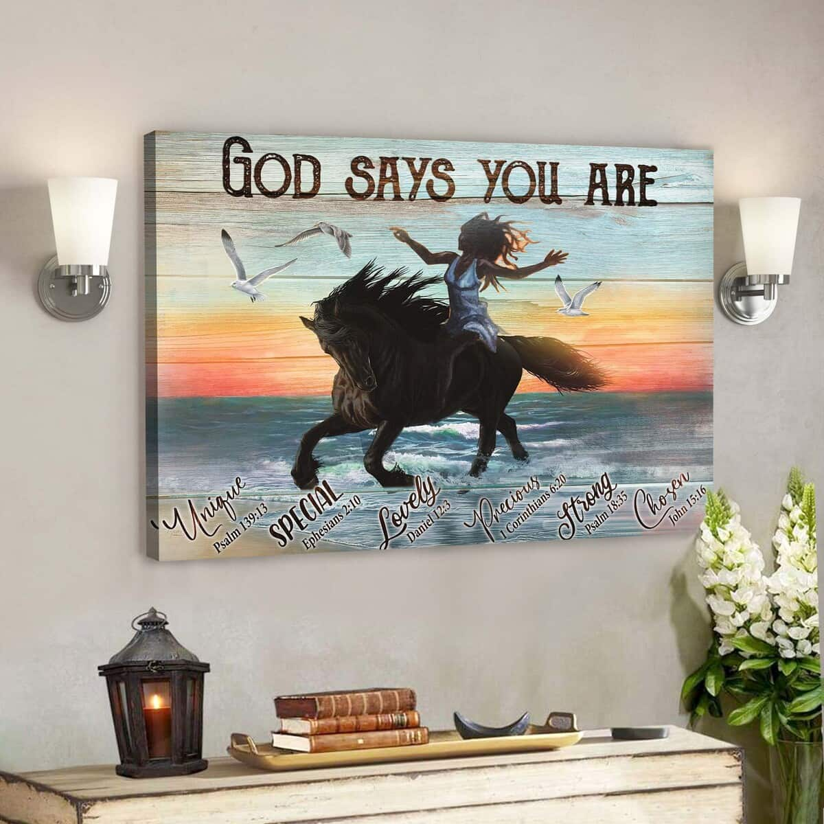 Girl Riding Horse God Says You Are Bible Verse Scripture Canvas Wall Art