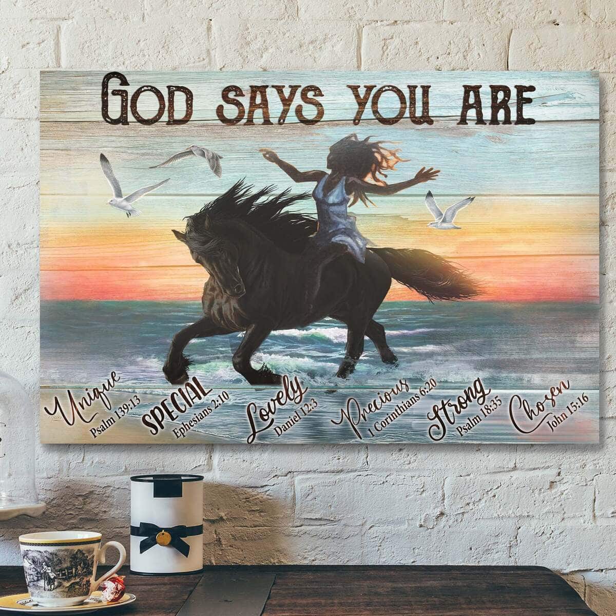 Girl Riding Horse God Says You Are Bible Verse Scripture Canvas Wall Art