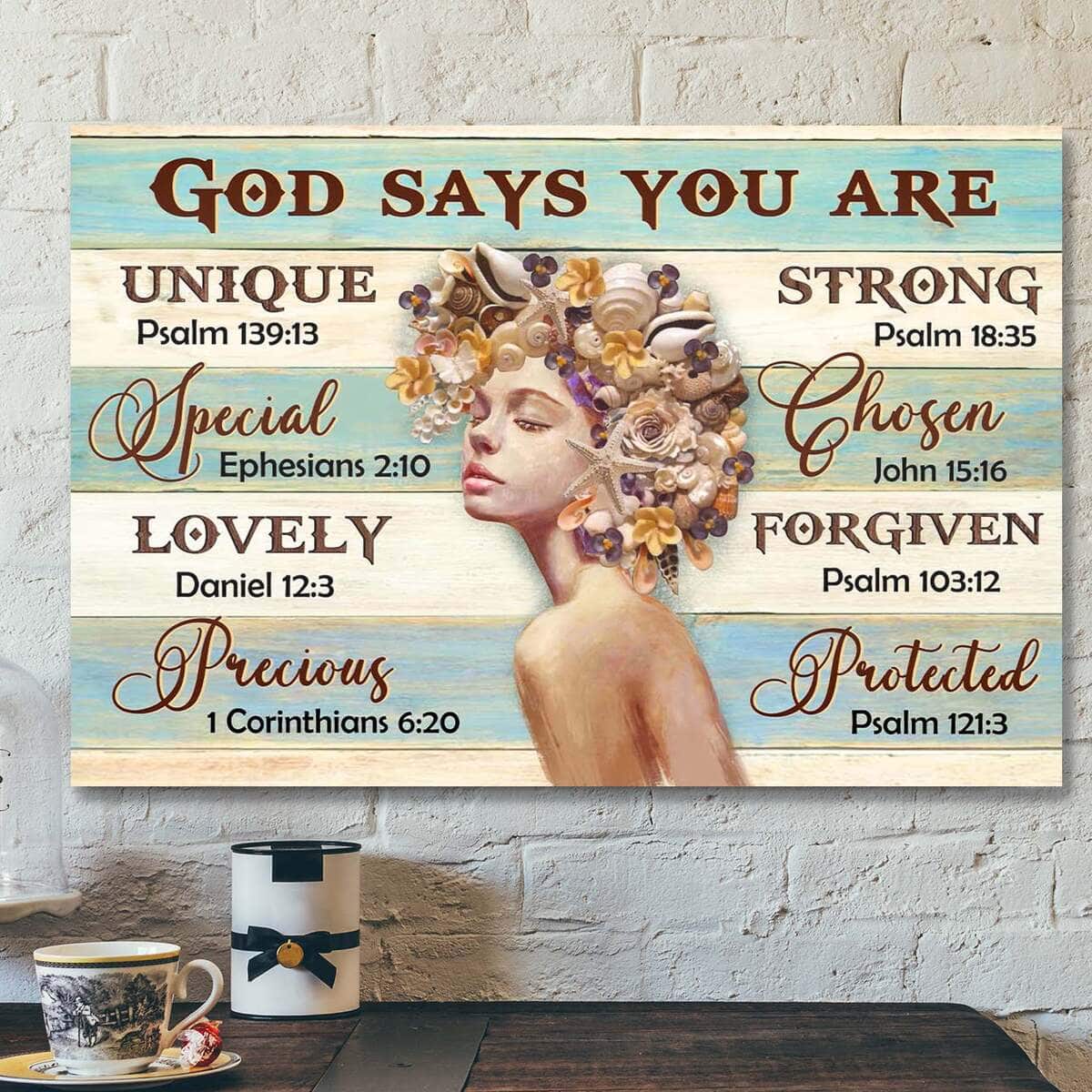 Beautiful Girl With Seashell Hair God Says You Are Bible Verse Scripture Canvas Wall Art