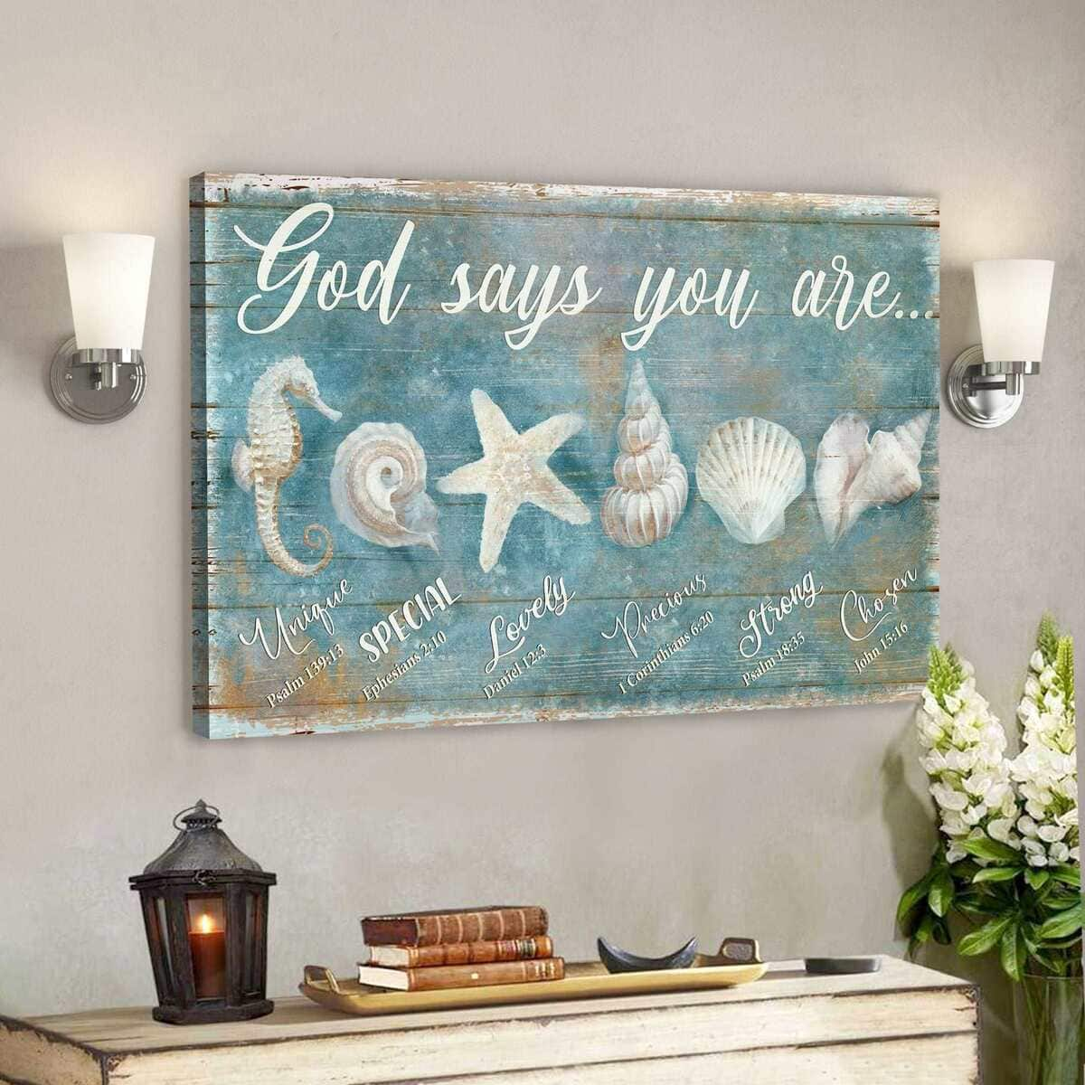 Awesome Seashells God Says You Are Bible Verse Scripture Canvas Wall Art