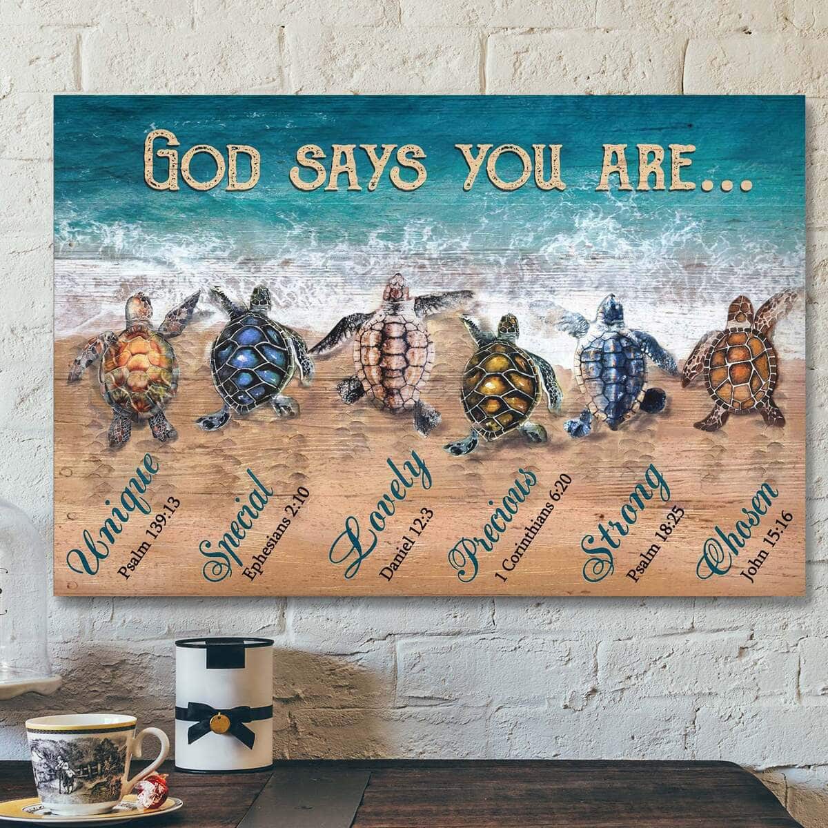 Turtle To The Ocean God Says You Are Bible Verse Scripture Canvas Wall Art
