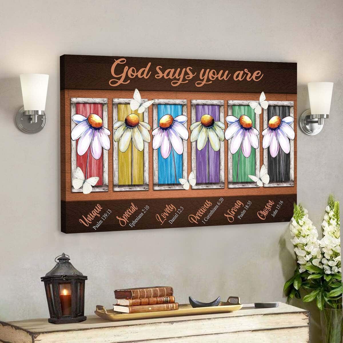 Colorful Daisy And White Butterfly God Says You Are Bible Verse Scripture Canvas Wall Art Colorful Daisy And White Butterfly God Says You Are Bible Verse Scripture Canvas Wall Art