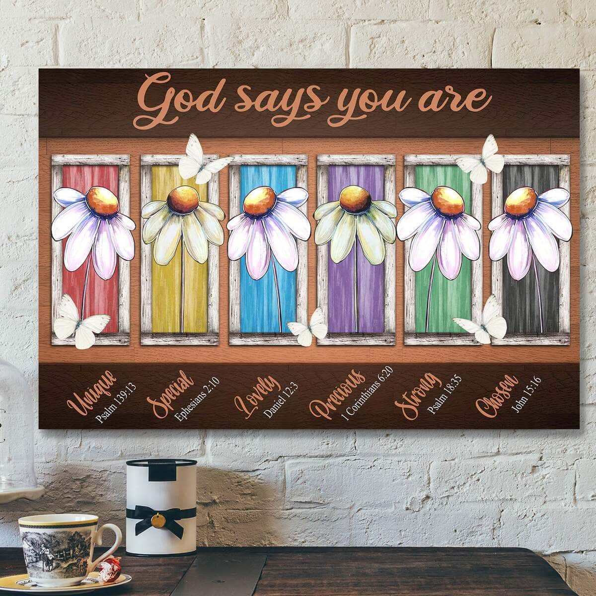 Colorful Daisy And White Butterfly God Says You Are Bible Verse Scripture Canvas Wall Art Colorful Daisy And White Butterfly God Says You Are Bible Verse Scripture Canvas Wall Art