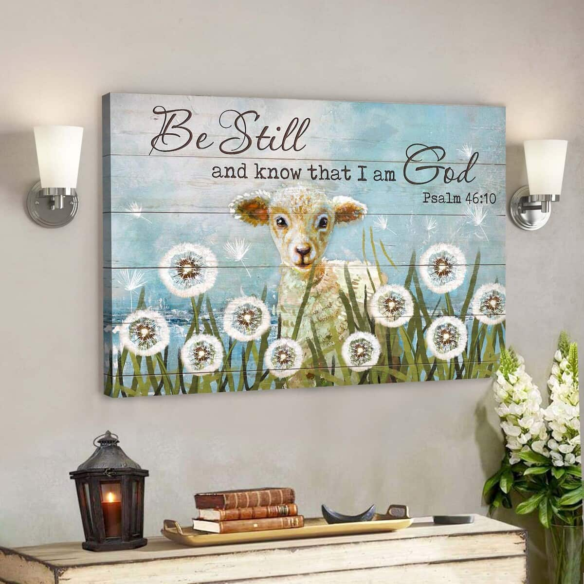 Cute Lamb And Dandelion Be Still And Know That I Am God Bible Verse Scripture Canvas Wall Art