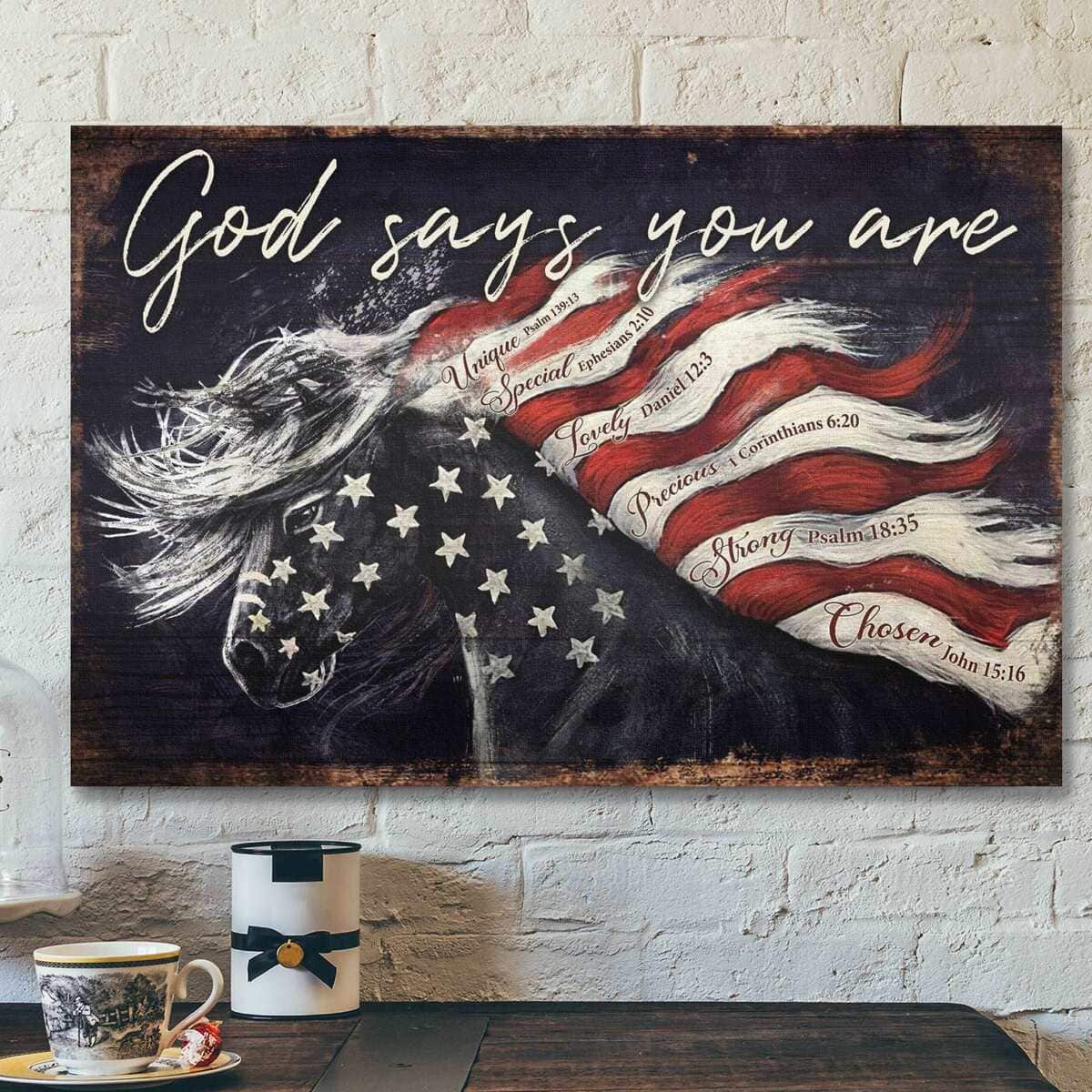 Amazing Horse And Flag God Says You Are Bible Verse Scripture Canvas Wall Art
