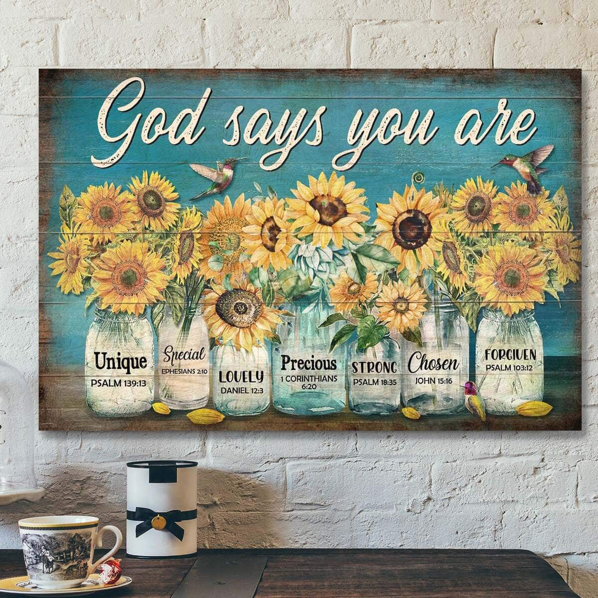 Sunflower Jar God Says You Are Bible Verse Scripture Canvas Wall Art