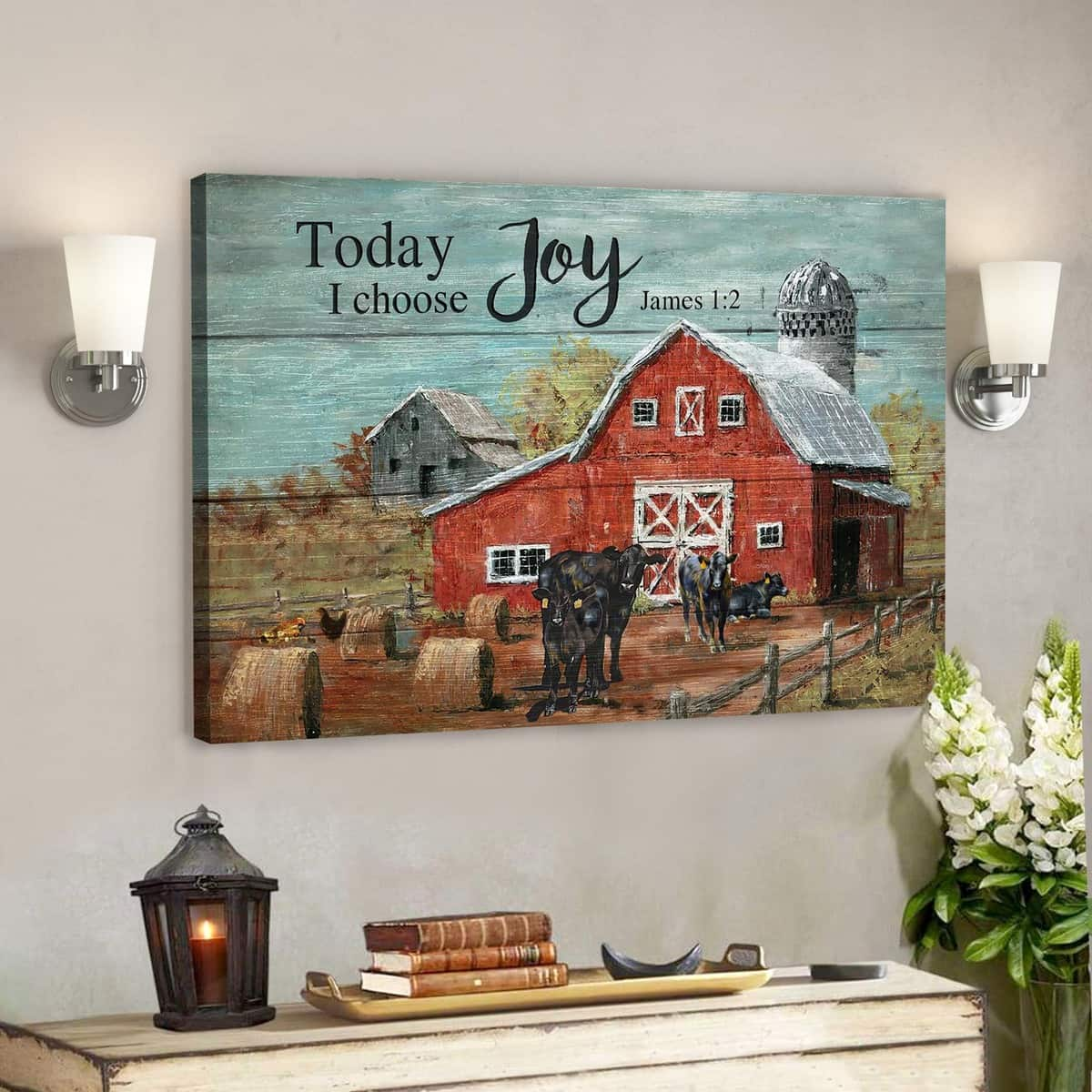 Bible Verse Angus Cows In Tranquil Farm Today I Choose Joy Canvas Wall Art