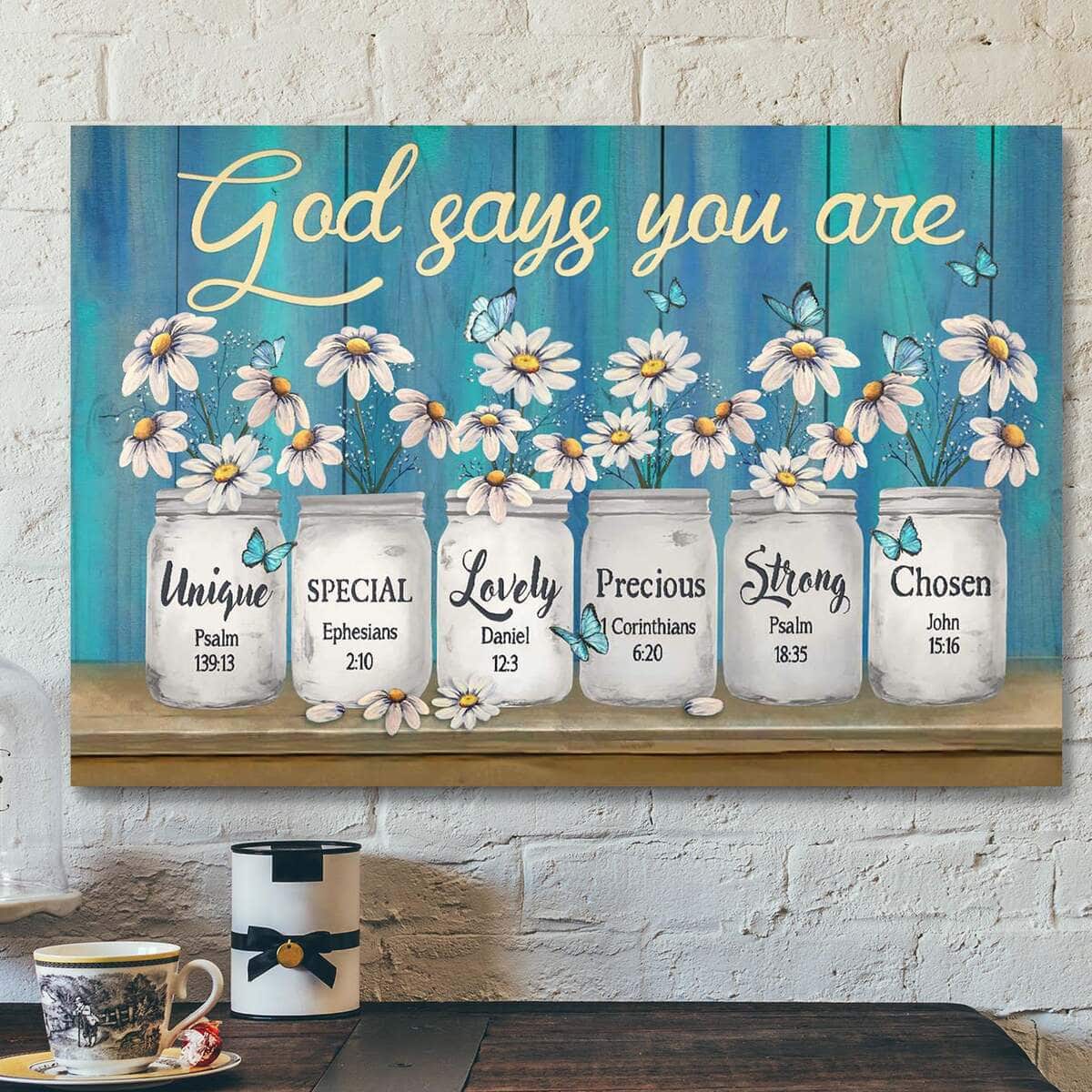 Bible Verse Daisy Jar On Blue Background God Says You Are Canvas Wall Art