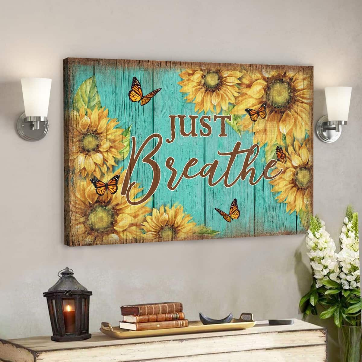 Sunflower And Butterfly Just Breathe Bible Verse Scripture Canvas Wall Art