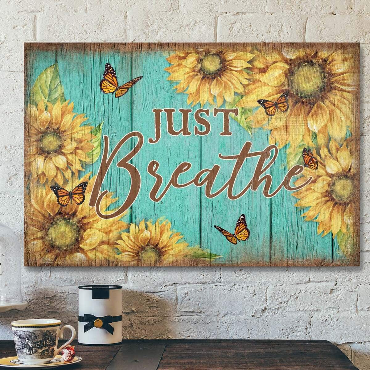 Sunflower And Butterfly Just Breathe Bible Verse Scripture Canvas Wall Art