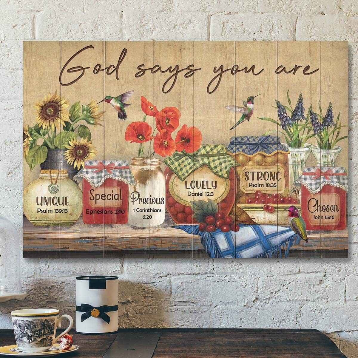 Hummingbird And Beautiful Jars God Says You Are Bible Verse Scripture Canvas Wall Art
