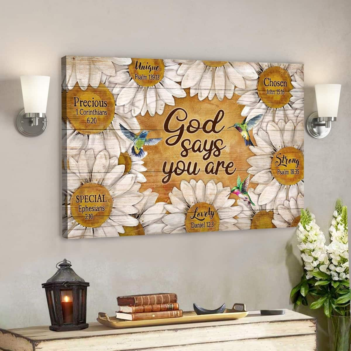 Daisy And Hummingbird God Says You Are Bible Verse Scripture Canvas Wall Art