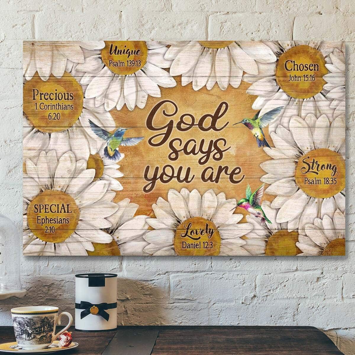 Daisy And Hummingbird God Says You Are Bible Verse Scripture Canvas Wall Art