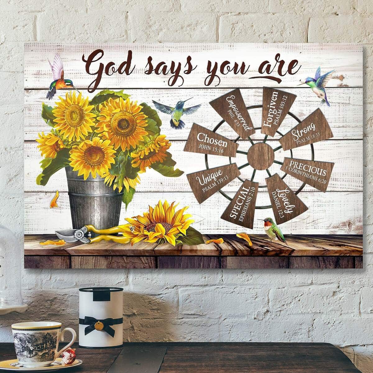 Sunflower And Windmill God Says You Are Bible Verse Scripture Canvas Wall Art