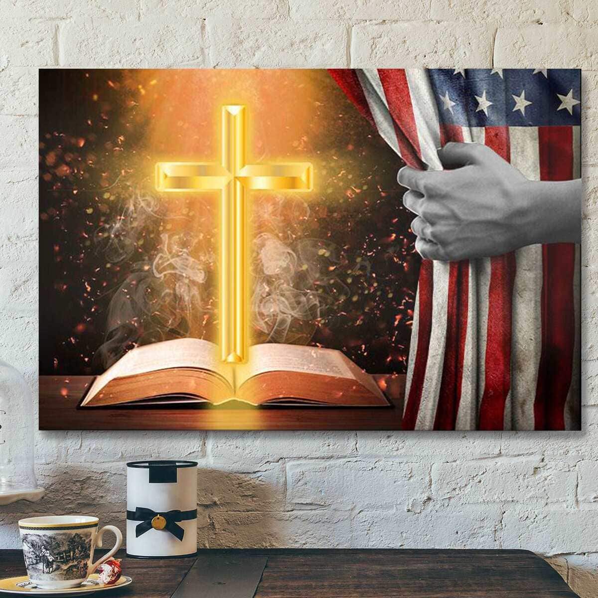 America Flag Cross Christian Bible Verse Scripture Canvas Wall Art America Flag Cross Christian Bible Verse Scripture Canvas Wall Art