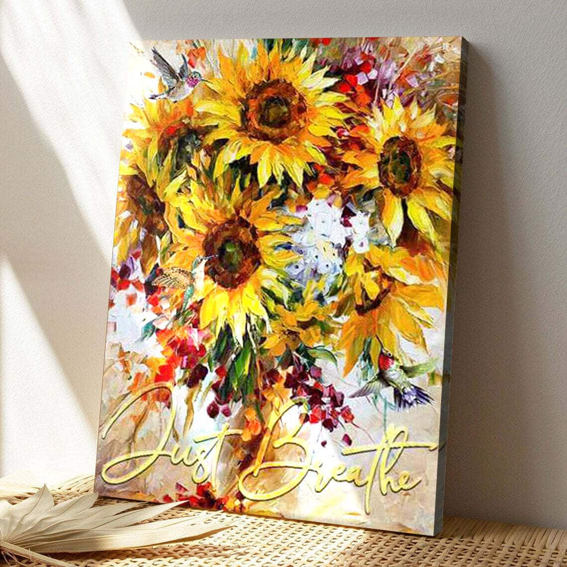 Sunflower And Hummingbird Just Breathe Bible Verse Scripture Canvas Print