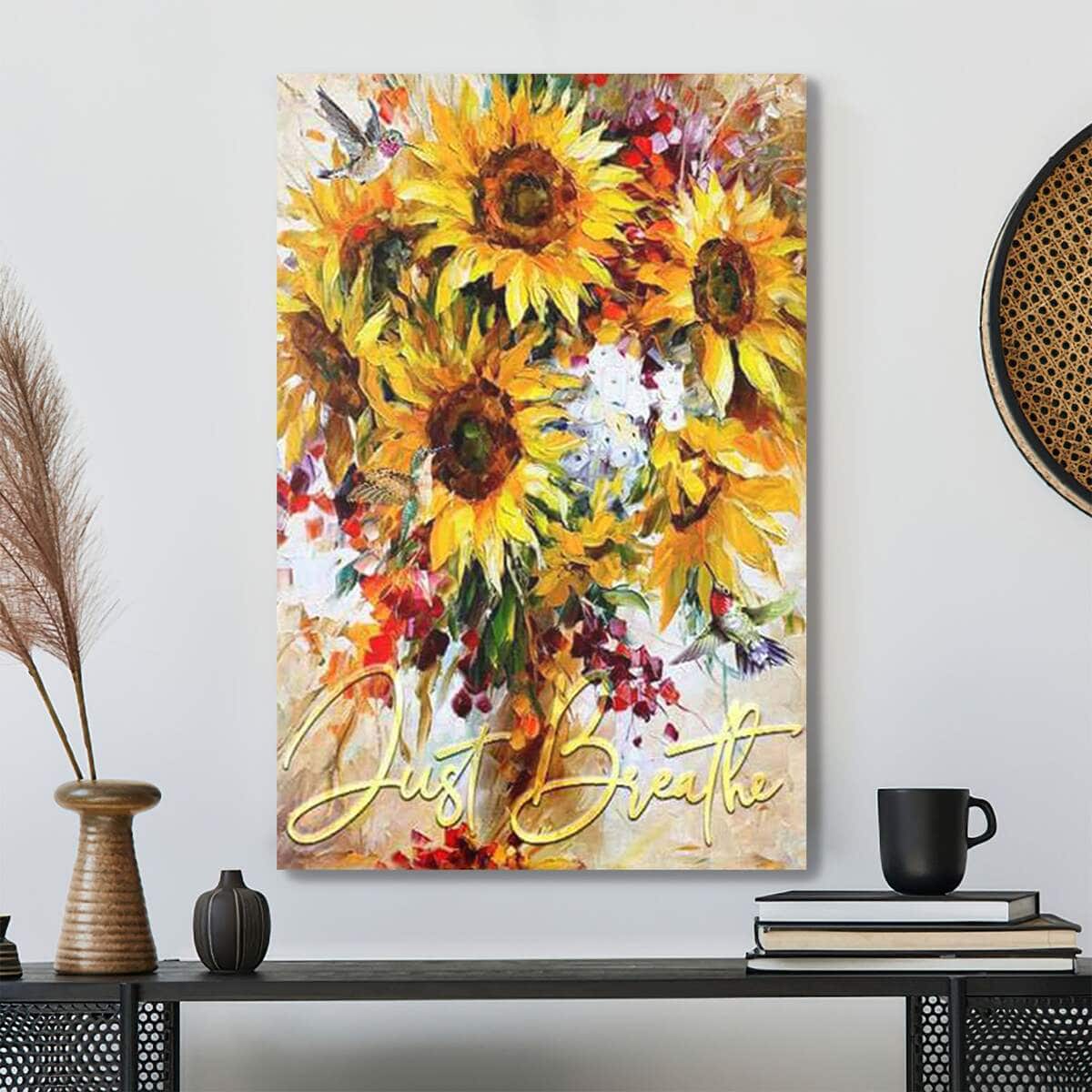 Sunflower And Hummingbird Just Breathe Bible Verse Scripture Canvas Print