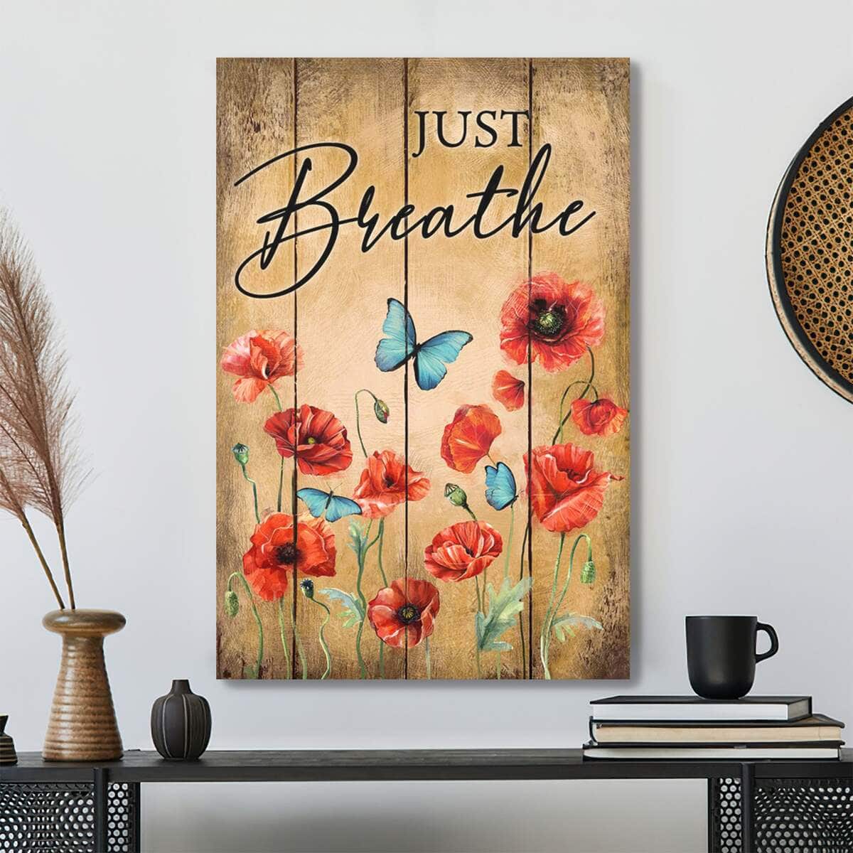 Red Poppy Just Breathe Bible Verse Scripture Canvas Print