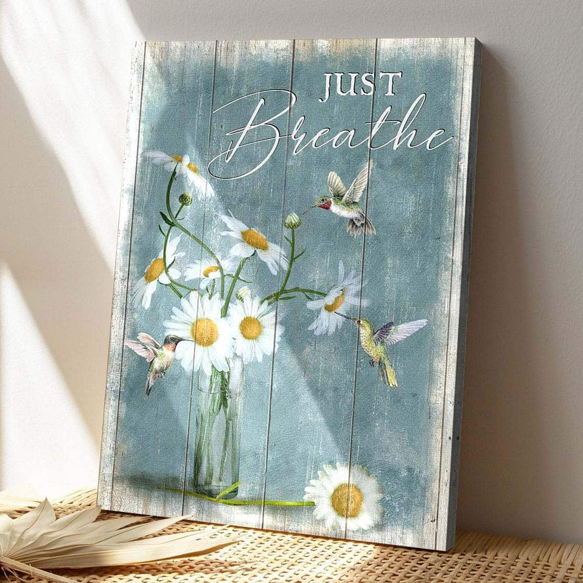 Daisy With Hummingbird Just Breathe Bible Verse Scripture Canvas Print