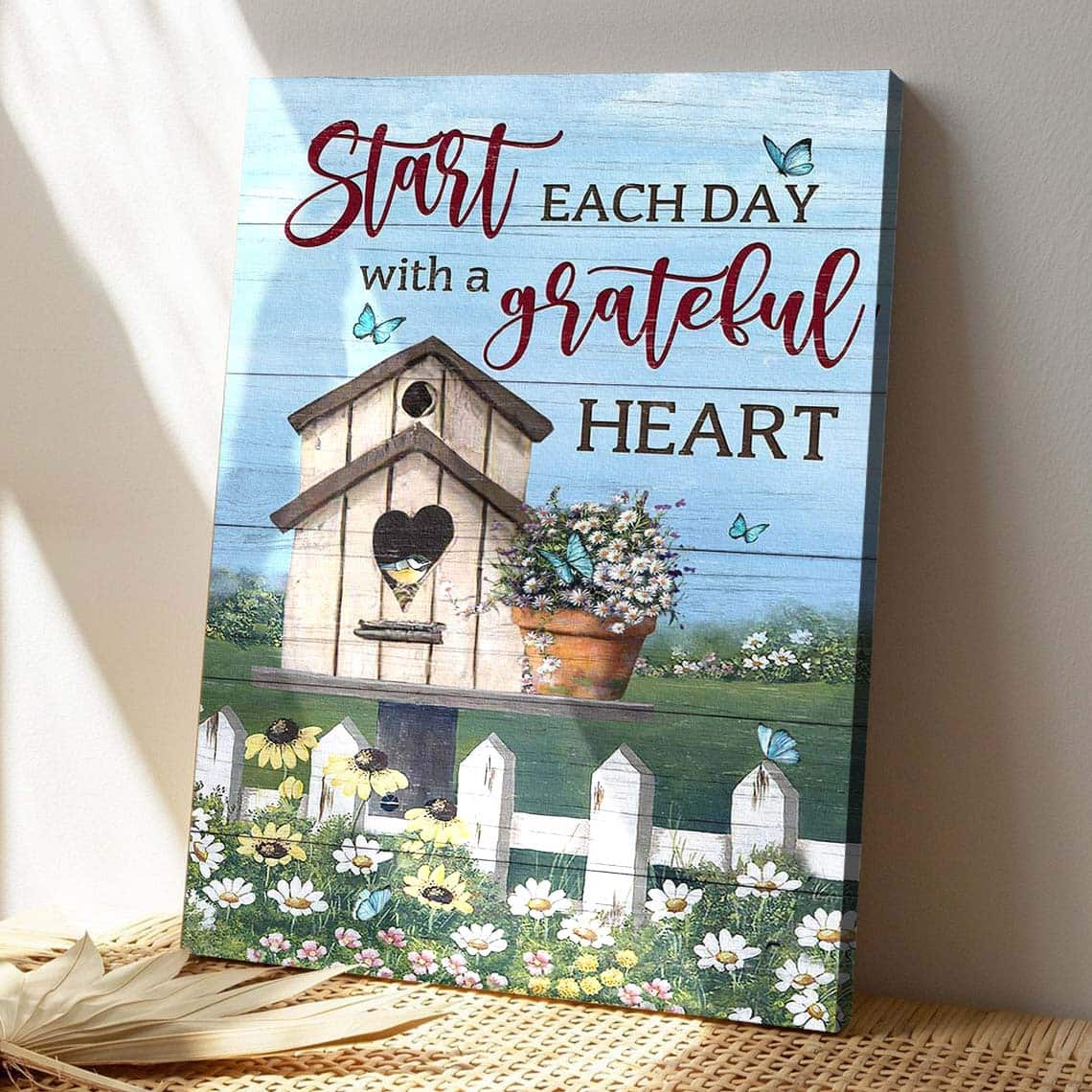 Bird House Start Each Day With A Grateful Heart Bible Verse Scripture Canvas Print